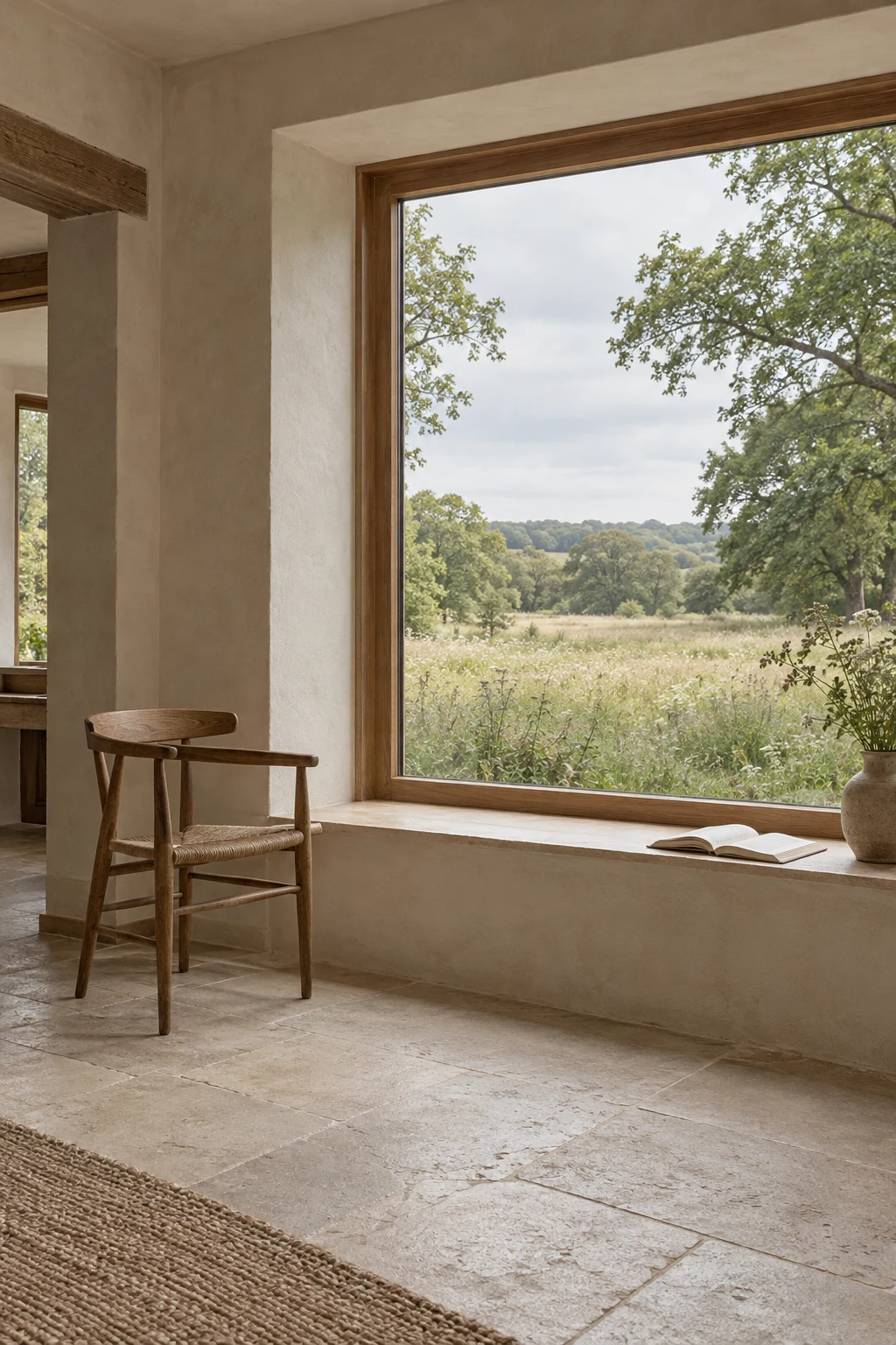 Lichtdurchfluteter Raum mit Fenster zur Landschaft, Eichenstuhl und Natursteinboden